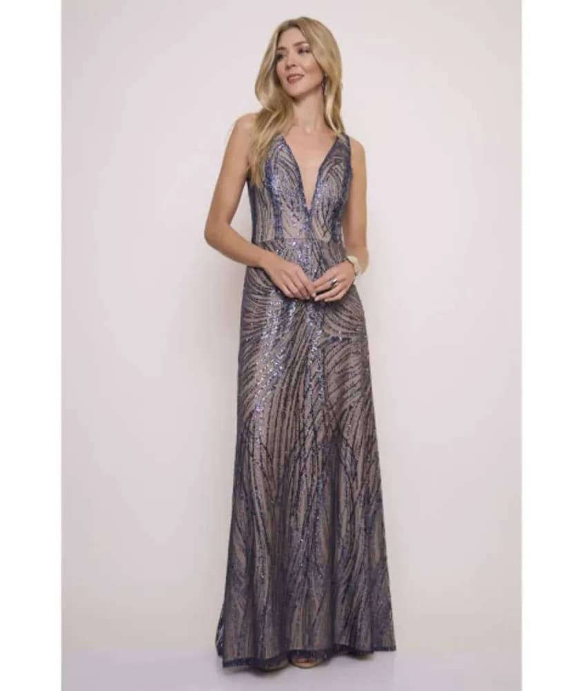 vestido largo de tul bordado en glitter, escote en V profundo